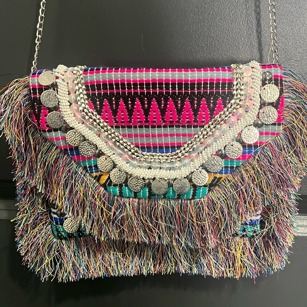 Rainbow tribal fringe crossbody bag